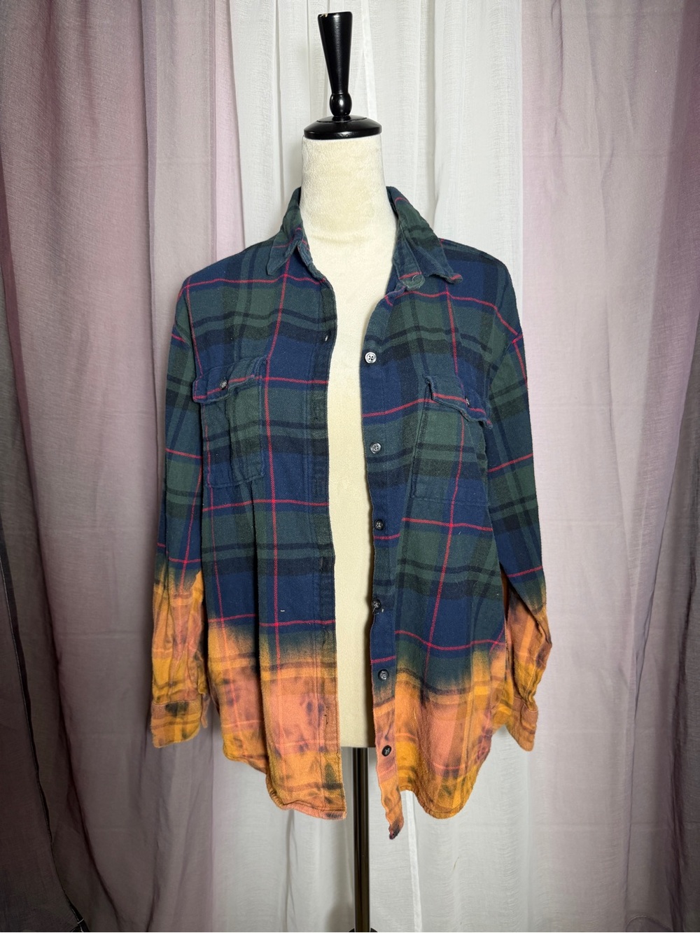 Blue & Green Plaid Button-Up Shirt with Orange Ombre Hem